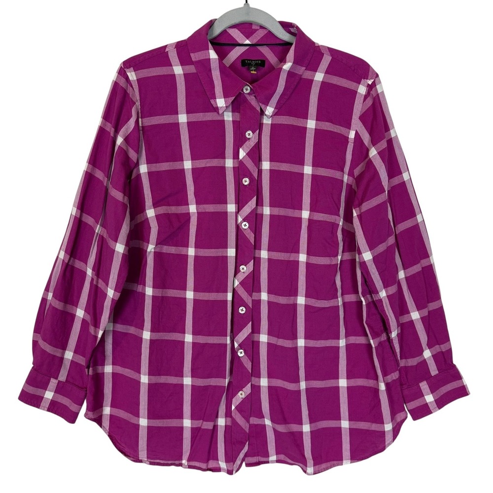 Talbots Shirt Womens 1X Purple Plaid‎ Button Front Long Sleeve Plus Size